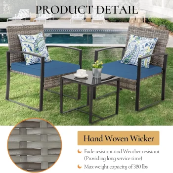 3 Pieces Patio Furniture Set, Outdoor Wicker Conversation Bistro Set w/ 2 Chairs, 2 Cushions, Glass Coffee Table for Garden Bal. 4