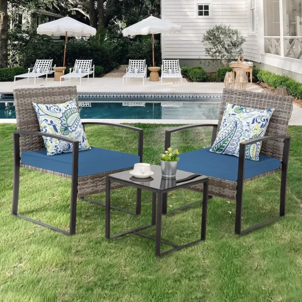 3 Pieces Patio Furniture Set, Outdoor Wicker Conversation Bistro Set w/ 2 Chairs, 2 Cushions, Glass Coffee Table for Garden Bal. 1