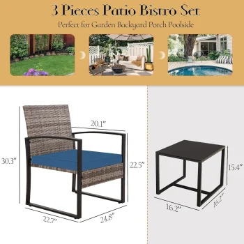 3 Pieces Patio Furniture Set, Outdoor Wicker Conversation Bistro Set w/ 2 Chairs, 2 Cushions, Glass Coffee Table for Garden Bal. 3